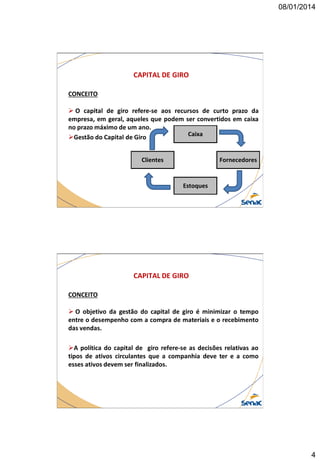 08/01/2014

CAPITAL DE GIRO
CONCEITO
 O capital de giro refere-se aos recursos de curto prazo da
empresa, em geral, aqueles que podem ser convertidos em caixa
no prazo máximo de um ano.
Caixa
Gestão do Capital de Giro
Clientes

Fornecedores

Estoques

CAPITAL DE GIRO
CONCEITO
 O objetivo da gestão do capital de giro é minimizar o tempo
entre o desempenho com a compra de materiais e o recebimento
das vendas.
A política do capital de giro refere-se as decisões relativas ao
tipos de ativos circulantes que a companhia deve ter e a como
esses ativos devem ser finalizados.

4

 