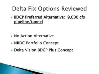 

BDCP Preferred Alternative: 9,000 cfs
pipeline/tunnel



No Action Alternative



NRDC Portfolio Concept



Delta Vision BDCP Plus Concept

 