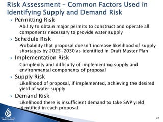 

Permitting Risk
Ability to obtain major permits to construct and operate all
components necessary to provide water supply



Schedule Risk
Probability that proposal doesn’t increase likelihood of supply
shortages by 2025-2030 as identified in Draft Master Plan



Implementation Risk
Complexity and difficulty of implementing supply and
environmental components of proposal



Supply Risk
Likelihood of proposal, if implemented, achieving the desired
yield of water supply



Demand Risk
Likelihood there is insufficient demand to take SWP yield
identified in each proposal
22

 