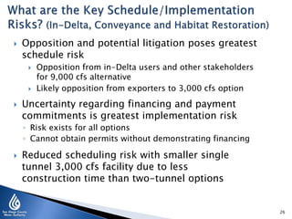 

Opposition and potential litigation poses greatest
schedule risk






Opposition from in-Delta users and other stakeholders
for 9,000 cfs alternative
Likely opposition from exporters to 3,000 cfs option

Uncertainty regarding financing and payment
commitments is greatest implementation risk
◦ Risk exists for all options
◦ Cannot obtain permits without demonstrating financing



Reduced scheduling risk with smaller single
tunnel 3,000 cfs facility due to less
construction time than two-tunnel options

26

 