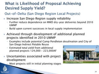 Out-of-Delta (San Diego Region Local Projects)


Increase San Diego Region supply reliability
◦ Further reduce dependence on MWD dry-year deliveries beyond 2010
UWMP
◦ Build upon current successes in local supply implementation



Achieved through development of additional planned
projects identified in 2010 UWMP
◦ Examples include potential Camp Pendleton desalination and City of
San Diego Indirect Potable Reuse
◦ Estimated total yield from additional
planned projects 124,000 – 223,000AF



Uncertainties associated with project
development
◦ Most projects still in initial planning stages

City of San Diego Water Purification
Demonstration Project

29

 