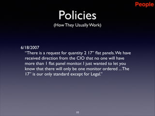 People

Policies
(How They Usually Work)

!

6/18/2007	

“There is a request for quantity 2 17” ﬂat panels. We have
received direction from the CIO that no one will have
more than 1 ﬂat panel monitor. I just wanted to let you
know that there will only be one monitor ordered ... The
17” is our only standard except for Legal.”

10

 