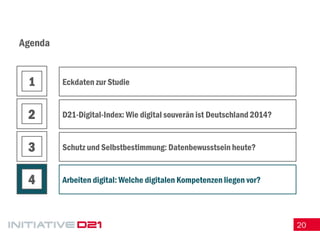 20 
Agenda 
Eckdaten zur Studie 
D21-Digital-Index: Wie digital souverän ist Deutschland 2014? 
Schutz und Selbstbestimmung: Datenbewusstsein heute? 
Arbeiten digital: Welche digitalen Kompetenzen liegen vor? 
1 
2 
3 
4  