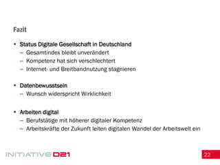 22 
Fazit 
Status Digitale Gesellschaft in Deutschland 
–Gesamtindex bleibt unverändert 
–Kompetenz hat sich verschlechtert 
–Internet- und Breitbandnutzung stagnieren 
Datenbewusstsein 
–Wunsch widerspricht Wirklichkeit 
Arbeiten digital 
–Berufstätige mit höherer digitaler Kompetenz 
–Arbeitskräfte der Zukunft leiten digitalen Wandel der Arbeitswelt ein  