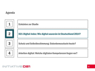6 
Agenda 
Eckdaten zur Studie 
D21-Digital-Index: Wie digital souverän ist Deutschland 2014? 
Schutz und Selbstbestimmung: Datenbewusstsein heute? 
Arbeiten digital: Welche digitalen Kompetenzen liegen vor? 
1 
2 
3 
4  