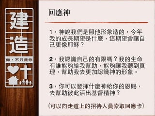 回應神
1，神說我們是照他形象造的，今年
我的成⻑⾧長期望是什麼，這期望會讓⾃自
⼰己更像耶穌？
!

2，我認識⾃自⼰己的有限嗎？我的⽣生命
有誰能夠給我幫助，能夠讓我聽到真
理，幫助我去更加認識神的形象。
!

3，你可以發揮什麼神給你的恩賜，
去幫助彼此活出基督精神？
(可以向⾛走道上的招待⼈人員索取回應卡)

 