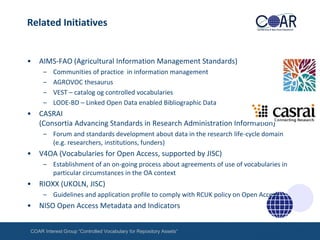 Related Initiatives

•

AIMS-FAO (Agricultural Information Management Standards)
–
–
–
–

•

Communities of practice in information management
AGROVOC thesaurus
VEST – catalog og controlled vocabularies
LODE-BD – Linked Open Data enabled Bibliographic Data

CASRAI
(Consortia Advancing Standards in Research Administration Information)
– Forum and standards development about data in the research life-cycle domain
(e.g. researchers, institutions, funders)

•

V4OA (Vocabularies for Open Access, supported by JISC)
– Establishment of an on-going process about agreements of use of vocabularies in
particular circumstances in the OA context

•

RIOXX (UKOLN, JISC)
– Guidelines and application profile to comply with RCUK policy on Open Access

•

NISO Open Access Metadata and Indicators

COAR Interest Group “Controlled Vocabulary for Repository Assets“

 