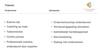 Troeven
Ondernemer Gemeenten
• Externe kijk
• Coaching op maat
• Toekomstvisie
• Continu proces
• Professionele coaches,
ondersteund door experten
• Ondernemerschap ondersteunen
• Vernieuwingsgedrag stimuleren
• Aantrekkelijk handelsapparaat
• Kernversterking
• Dialoog met ondernemers
 