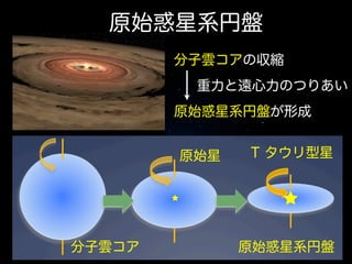 原始惑星系円盤
分子雲コアの収縮

! 

!

  重力と遠心力のつりあい
!

原始惑星系円盤が形成

! 

原始星

分子雲コア

T タウリ型星

原始惑星系円盤

 