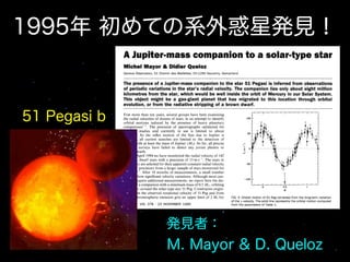 1995年 初めての系外惑星発見！
1995

51 Pegasi b

46

発見者：

M. Mayor & D. Queloz

 