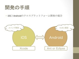 開発の手順	
 
•  iOSとAndroidのクロスプラットフォーム開発の場合	
  

メインで開発

たまに確認

iOS

Android

Xcode

Ant or Eclipse

 
