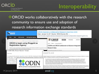 Interoperability
v ORCID works collaboratively with the research
community to ensure use and adoption of
research information exchange standards

14 January 2014

orcid.org	


5

 