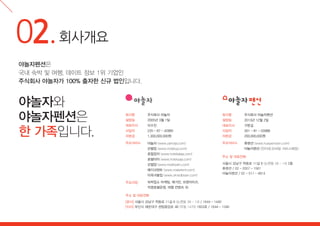 02. 회사개요
야놀자펜션은
국내 숙박 및 여행, 데이트 정보 1위 기업인
주식회사 야놀자가 100% 출자한 신규 법인입니다.

야놀자와
야놀자펜션은
한 가족입니다.

회사명

주식회사 야놀자

회사명

주식회사 야놀자펜션

설립일

2005년 3월 1일

설립일

2013년 12월 2일

대표이사

이수진

대표이사

구본길

사업자

220 - 87 - 42885

사업자

261 - 81 - 03988

자본금

1,300,000,000원

자본금

200,000,000원

주요서비스

야놀자 (www.yanolja.com)

주요서비스

휴펜션 (www.huepension.com)

모텔업 (www.motelup.com)
호텔잡자 (www.hoteljabja.com)
호텔야자 (www.hotelyaja.com)
모텔얌 (www.motelyam.com)
메이크텐트 (www.maketent.com)
이옥녀팥집 (www.okredbean.com)
주요사업

야놀자펜션 (인터넷,모바일 서비스예정)
주소 및 대표전화
서울시 강남구 학동로 11길 6 (논현동 56 - 14) 2층
휴펜션 / 02 - 2057 - 1561
야놀자펜션 / 02 - 511 - 4814

숙박업소 마케팅, 매거진, 프랜차이즈,
직영호텔운영, 여행 컨텐츠 외

주소 및 대표전화
[본사] 서울시 강남구 학동로 11길 6 (논현동 56 - 14) / 1644 - 1440
[지사] 부산시 해운대구 센텀중앙로 48 (우동 1470) 1603호 / 1644 - 1340

 