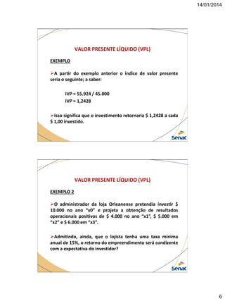 14/01/2014

VALOR PRESENTE LÍQUIDO (VPL)
EXEMPLO

A partir do exemplo anterior o índice de valor presente
seria o seguinte; a saber:
IVP = 55.924 / 45.000
IVP = 1,2428
Isso significa que o investimento retornaria $ 1,2428 a cada
$ 1,00 investido.

VALOR PRESENTE LÍQUIDO (VPL)
EXEMPLO 2
O administrador da loja Orleanense pretendia investir $
10.000 no ano “x0” e projeta a obtenção de resultados
operacionais positivos de $ 4.000 no ano “x1”, $ 5.000 em
“x2” e $ 6.000 em “x3”.
Admitindo, ainda, que o lojista tenha uma taxa mínima
anual de 15%, o retorno do empreendimento será condizente
com a expectativa do investidor?

6

 