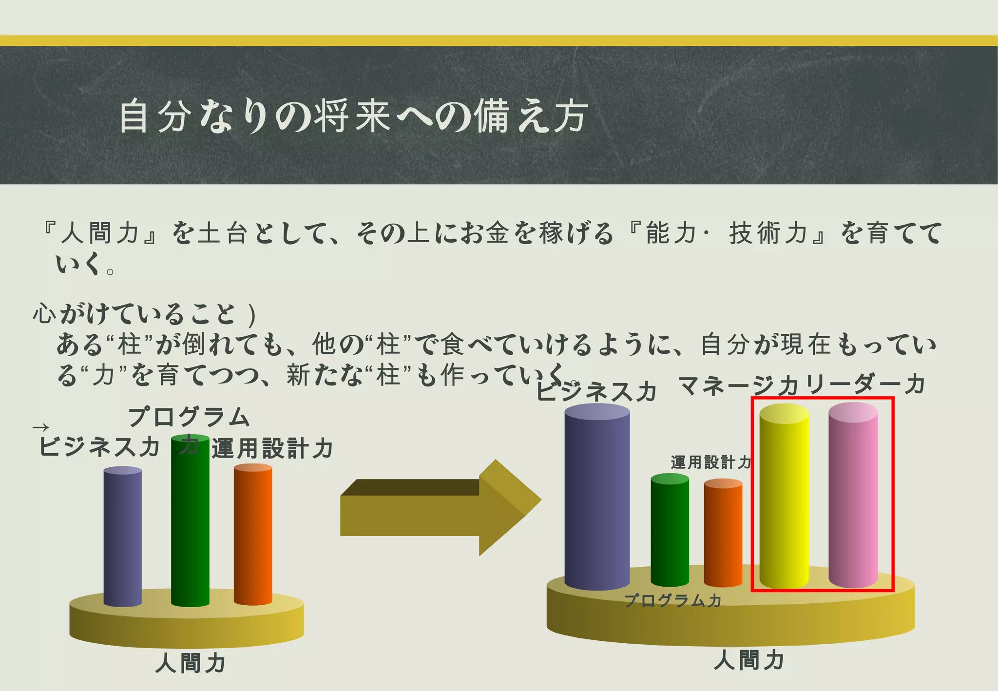 自分 なりの将来 への備 え方
『人間力』 を土台 として、その上 にお金 を稼 げる『能力・技術力』 を育 てて
いく。
心 がけていること）
ある“柱” が倒 れても、他 の“柱” で食 べていけるように、自分 が現在 もってい
る“力” を育 てつつ、新 たな“柱” も作 っていく。
マネージ力 リーダー力
プログラム
ビジネス力 力 運用設計力

ビジネス力

→

運用設計力

プログラム力

人間力

人間力

 