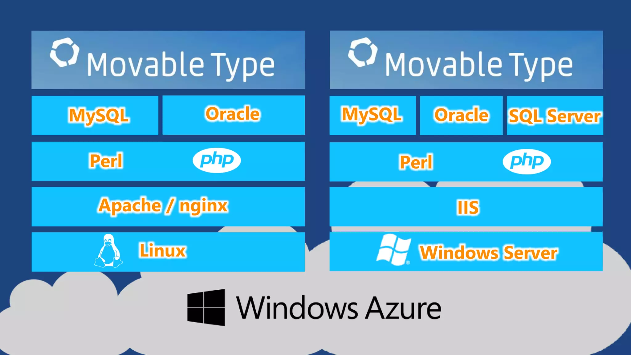 Oracle

MySQL
Perl

MySQL

Oracle

SQL Server

Perl

Apache / nginx
Linux

IIS

Windows Server

 