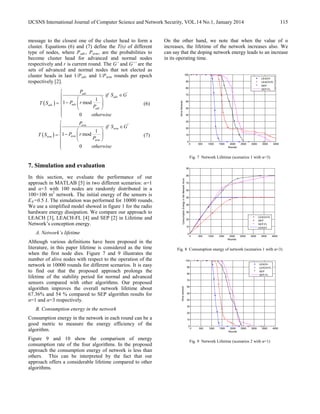 IJCSNS International Journal of Computer Science and Network Security, VOL.14 No.1, January 2014 115
message to the closest one of the cluster head to form a
cluster. Equations (6) and (7) define the T(s) of different
type of nodes, where Padv, Pnrm, are the probabilities to
become cluster head for advanced and normal nodes
respectively and r is current round. The G’ and G’’ are the
sets of advanced and normal nodes that not elected as
cluster heads in last 1/Padv and 1/Pnrm rounds per epoch
respectively [2].
( )
'
1
1 mod
0
adv
adv
advadv
adv
P
if S G
P rT S
P
otherwise

∈   −=  
 

(6)
( )
''
1
1 mod
0
nrm
nrm
nrmnrm
nrm
P
if S G
P rT S
P
otherwise

∈   −=  
 

(7)
7. Simulation and evaluation
In this section, we evaluate the performance of our
approach in MATLAB [5] in two different scenarios: α=1
and α=3 with 100 nodes are randomly distributed in a
100×100 m2
network. The initial energy of the sensors is
E0=0.5 J. The simulation was performed for 10000 rounds.
We use a simplified model showed in figure 1 for the radio
hardware energy dissipation. We compare our approach to
LEACH [3], LEACH-FL [4] and SEP [2] in Lifetime and
Network’s conception energy.
A. Network’s lifetime
Although various definitions have been proposed in the
literature, in this paper lifetime is considered as the time
when the first node dies. Figure 7 and 9 illustrates the
number of alive nodes with respect to the operation of the
network in 10000 rounds for different scenarios. It is easy
to find out that the proposed approach prolongs the
lifetime of the stability period for normal and advanced
sensors compared with other algorithms. Our proposed
algorithm improves the overall network lifetime about
67.36% and 54 % compared to SEP algorithm results for
α=1 and α=3 respectively.
B. Consumption energy in the network
Consumption energy in the network in each round can be a
good metric to measure the energy efficiency of the
algorithm.
Figure 9 and 10 show the comparison of energy
consumption rate of the four algorithms. In the proposed
approach the consumption energy of network is less than
others. This can be interpreted by the fact that our
approach offers a considerable lifetime compared to other
algorithms.
On the other hand, we note that when the value of α
increases, the lifetime of the network increases also. We
can say that the doping network energy leads to an increase
in its operating time.
0 500 1000 1500 2000 2500 3000 3500 4000
0
10
20
30
40
50
60
70
80
90
100
Rounds
AliveSensors
LEACH
LEACH-FL
SEP
SEP-FL
Fig. 7 Network Lifetime (scenarios 1 with α=3)
0 500 1000 1500 2000 2500 3000 3500 4000
0
10
20
30
40
50
60
70
80
90
Rounds
ConsumptionEnergyintheNetworkAlive
LEACH-FL
SEP
SEP-FL
LEACH
Fig. 8 Consumption energy of network (scenarios 1 with α=3)
0 500 1000 1500 2000 2500 3000 3500 4000
0
10
20
30
40
50
60
70
80
90
100
Rounds
Alivesensors
LEACH
LEACH-FL
SEP
SEP-FL
Fig. 9 Network Lifetime (scenarios 2 with α=1)
 