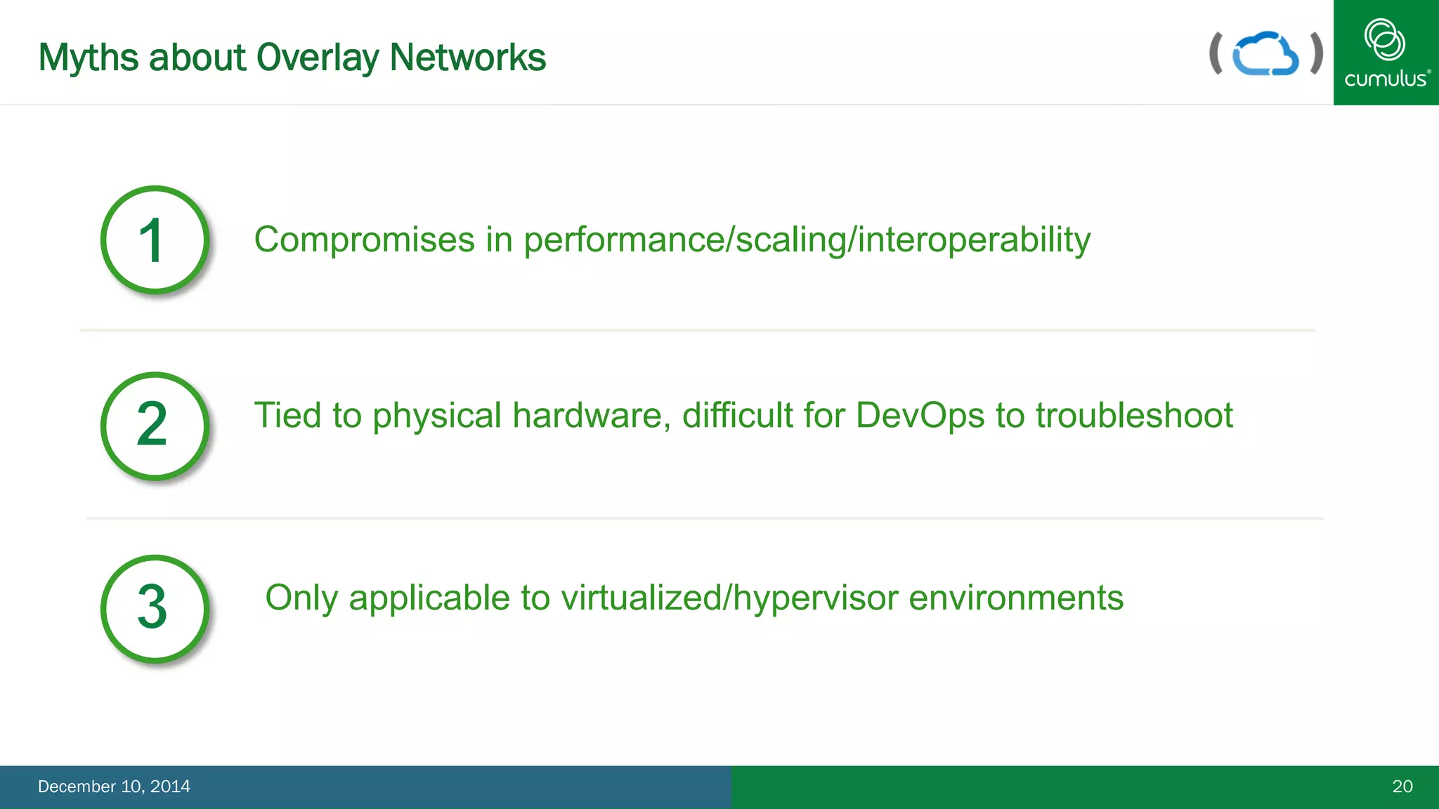 Myths about Overlay Networks 
20 
Compromises in performance/scaling/interoperability 
Tied to physical hardware, difficult for DevOps to troubleshoot 
Only applicable to virtualized/hypervisor environments 
December 10, 2014 
 