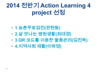 2014 ??? Action Learning 4
project ??
?
?
?
?

21

1.??????(???)
2.? ??? ????(???)
3.QR ??? ??? ????(???)
4.???? ??(???)

 
