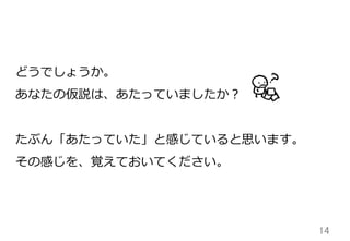 14	
どうでしょうか。
あなたの仮説は、あたっていましたか？
たぶん「あたっていた」と感じていると思います。
その感じを、覚えておいてください。
 