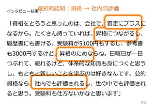 23	
インタビュー結果：
選択的認知：資格  →  社内の評価
「資格をとろうと思ったのは、会社で、査定にプラスに
なるから。たくさん持っていれば、昇格につながるし、
履履歴書にも書ける。受験料料が5100円もするし、参考書
も3000円するけど、昇格のためならね。⽇日曜⽇日が⼀一⽇日
つぶれて、疲れるけど、体系的な知識識も⾝身につくと思う
し。もともと新しいことを学ぶのは好きなんです。公的
資格なら、社内でも評価されるし、世の中でも評価され
ると思う。受験料料も仕⽅方ないかなと思います」
 