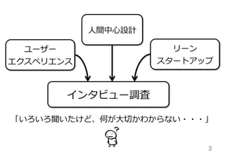 3	
「いろいろ聞いたけど、何が⼤大切切かわからない・・・」
インタビュー調査
⼈人間中⼼心設計
リーン
スタートアップ
ユーザー
エクスペリエンス
 
