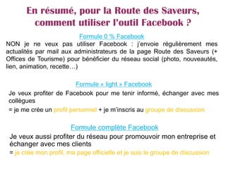 Formule 0 % Facebook
NON je ne veux pas utiliser Facebook : j’envoie régulièrement mes
actualités par mail aux administrateurs de la page Route des Saveurs (+
Offices de Tourisme) pour bénéficier du réseau social (photo, nouveautés,
lien, animation, recette…)
Formule complète Facebook
Je veux aussi profiter du réseau pour promouvoir mon entreprise et
échanger avec mes clients
= je crée mon profil, ma page officielle et je suis le groupe de discussion
En résumé, pour la Route des Saveurs,
comment utiliser l’outil Facebook ?
Formule « light » Facebook
Je veux profiter de Facebook pour me tenir informé, échanger avec mes
collègues
= je me crée un profil personnel + je m’inscris au groupe de discussion
 