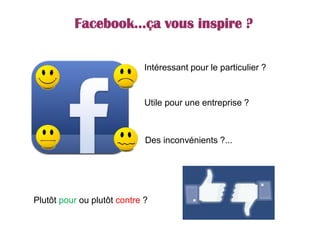 Facebook…ça vous inspire ?
Intéressant pour le particulier ?
Des inconvénients ?...
Utile pour une entreprise ?
Plutôt pour ou plutôt contre ?
 