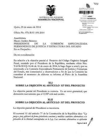 Observaciones a la objeción parcial del Proyecto de Código Integral Penal, primer documento