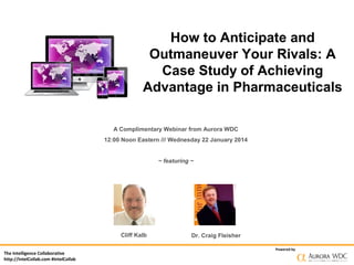 How to Anticipate and
Outmaneuver Your Rivals: A
Case Study of Achieving
Advantage in Pharmaceuticals
A Complimentary Webinar from Aurora WDC
12:00 Noon Eastern /// Wednesday 22 January 2014
~ featuring ~

Cliff Kalb
The Intelligence Collaborative
http://IntelCollab.com #IntelCollab

Dr. Craig Fleisher
Powered by

 