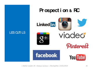 Prospection & RC

LES OUTILS

« Atelier Leader LR : réseaux sociaux », Montpellier, 23/01/2014

28

 
