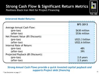 Strong Cash Flow & Significant Return Metrics
Positions Black Iron Well for Project Financing
TSX: BKI

Unlevered Model Returns:
BFS 2013

Average Annual Cash Flow:
(pre-tax)
(after-tax)
Net Present Value (8% Discount):
(pre-tax)
(after-tax)
Internal Rate of Return:
(pre-tax)
(after-tax)
Projected Payback (8% Discount):
(pre-tax)
(after-tax)

$630 million
$536 million
US$3.3 billion
US$2.6 billion
48%
39%
2.0 years
2.5 years

Strong Annual Cash Flows provide a quick invested capital payback and
supports Project debt financing
** See Disclaimer on page 2 **

23

 