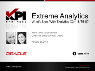Extreme Analytics
What's New With Exalytics X3-4 & T5-8?

Adam Driver | GVP | Oracle
Gurbeena Sahi | Director | Oracle
January 23, 2014

Start Here

© KPI Partners Inc.

Contact Us
510.818.9480 | www.kpipartners.com

 