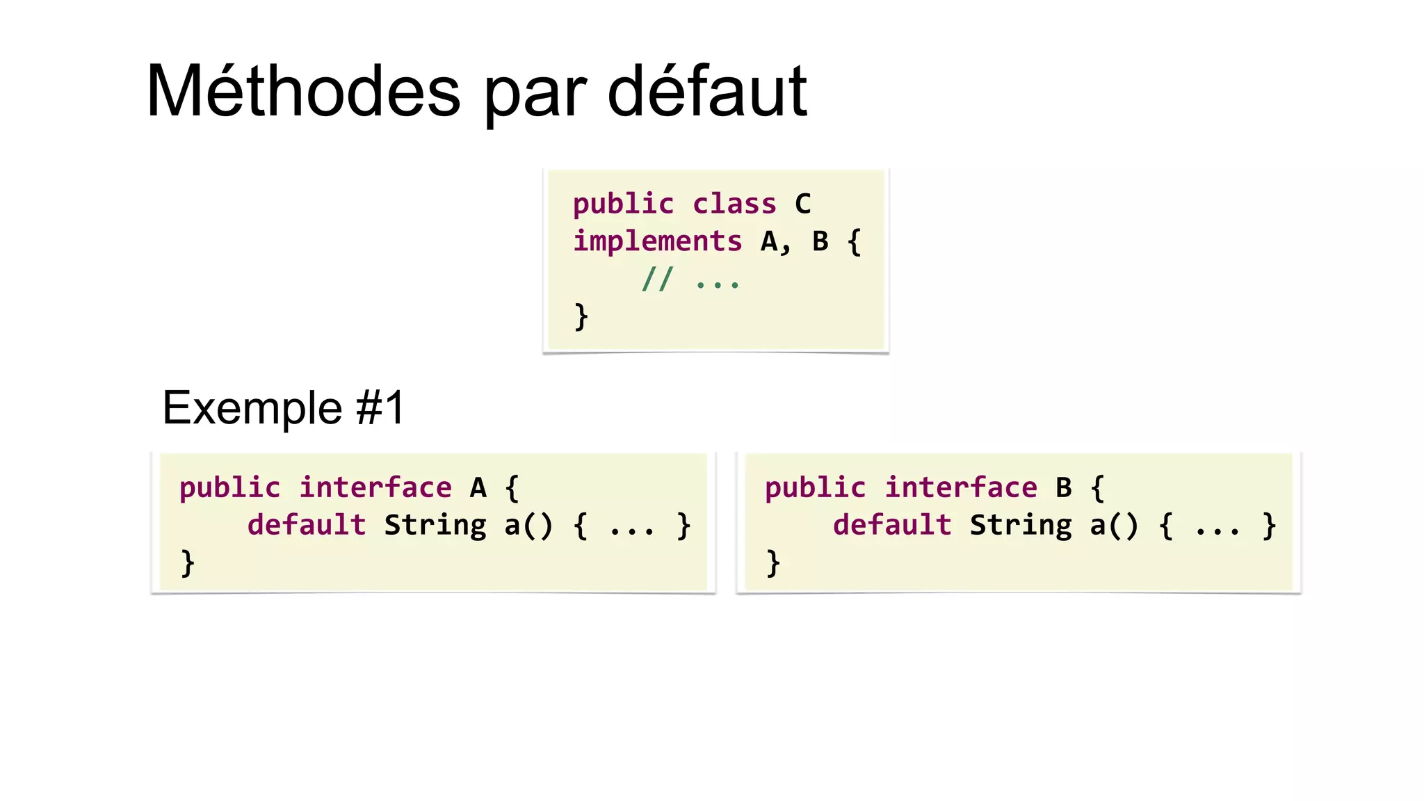 Méthodes par défaut 
Exemple #1 
public class C 
implements A, B { 
// ... 
} 
public interface A { 
default String a() { ... } 
} 
public interface B { 
default String a() { ... } 
}  