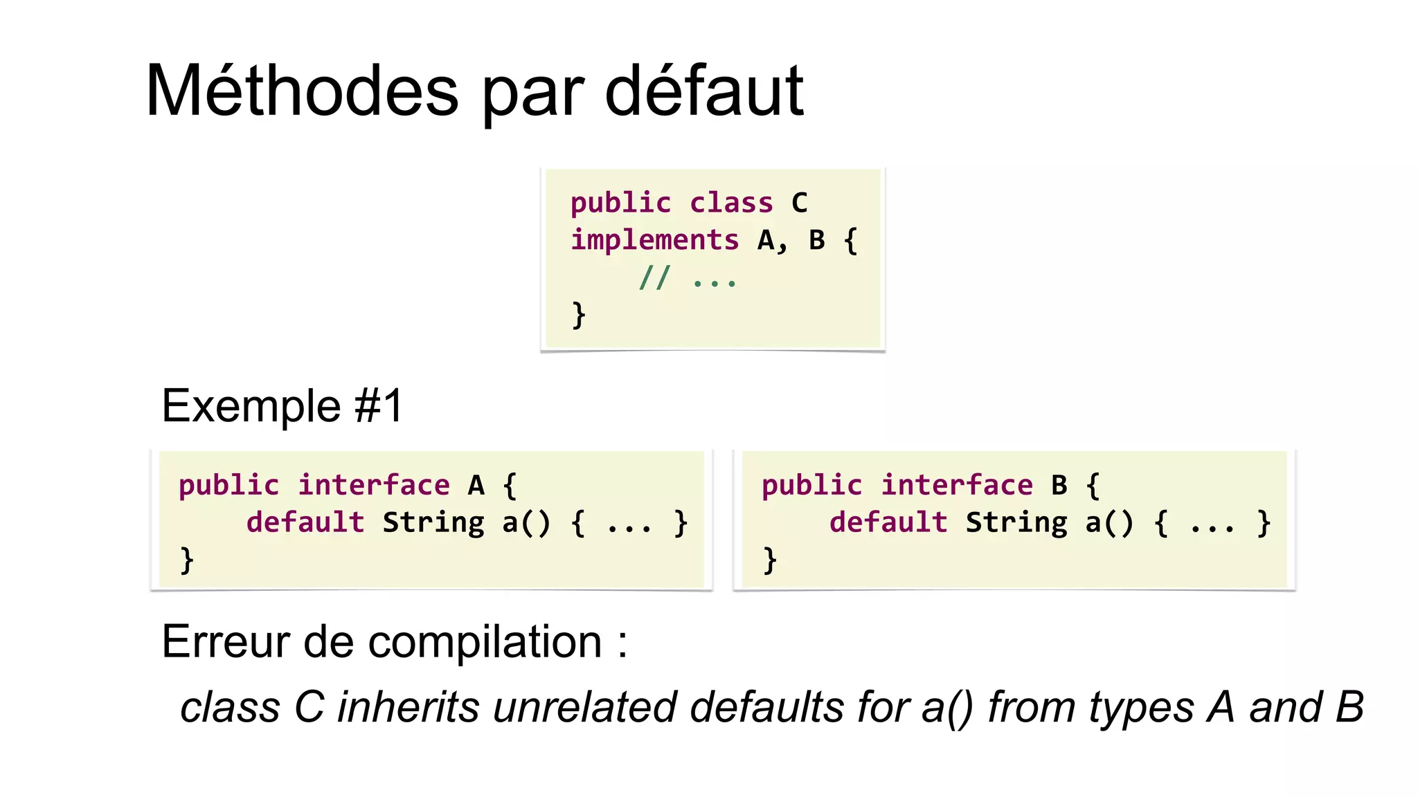 Méthodes par défaut 
Exemple #1 
Erreur de compilation : 
class C inherits unrelated defaults for a() from types A and B 
public class C 
implements A, B { 
// ... 
} 
public interface A { default String a() { ... } } 
public interface B { 
default String a() { ... } 
}  