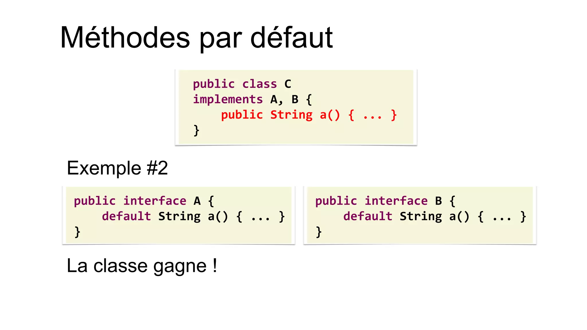 Méthodes par défaut 
Exemple #2 
La classe gagne ! 
public class C 
implements A, B { 
public String a() { ... } 
} 
public interface A { 
default String a() { ... } 
} 
public interface B { 
default String a() { ... } 
}  