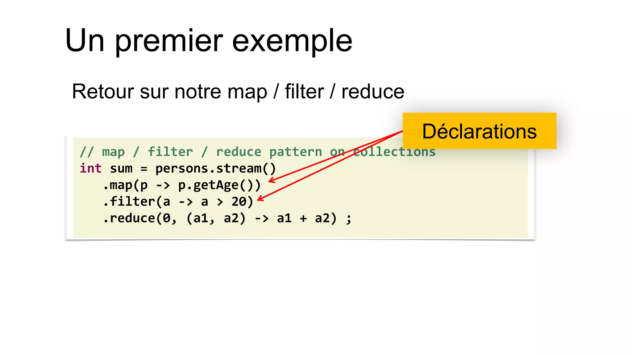 Un premier exemple 
Retour sur notre map / filter / reduce 
// map / filter / reduce pattern on collections int sum = persons.stream() .map(p -> p.getAge()) .filter(a -> a > 20) .reduce(0, (a1, a2) -> a1 + a2) ; 
Déclarations  