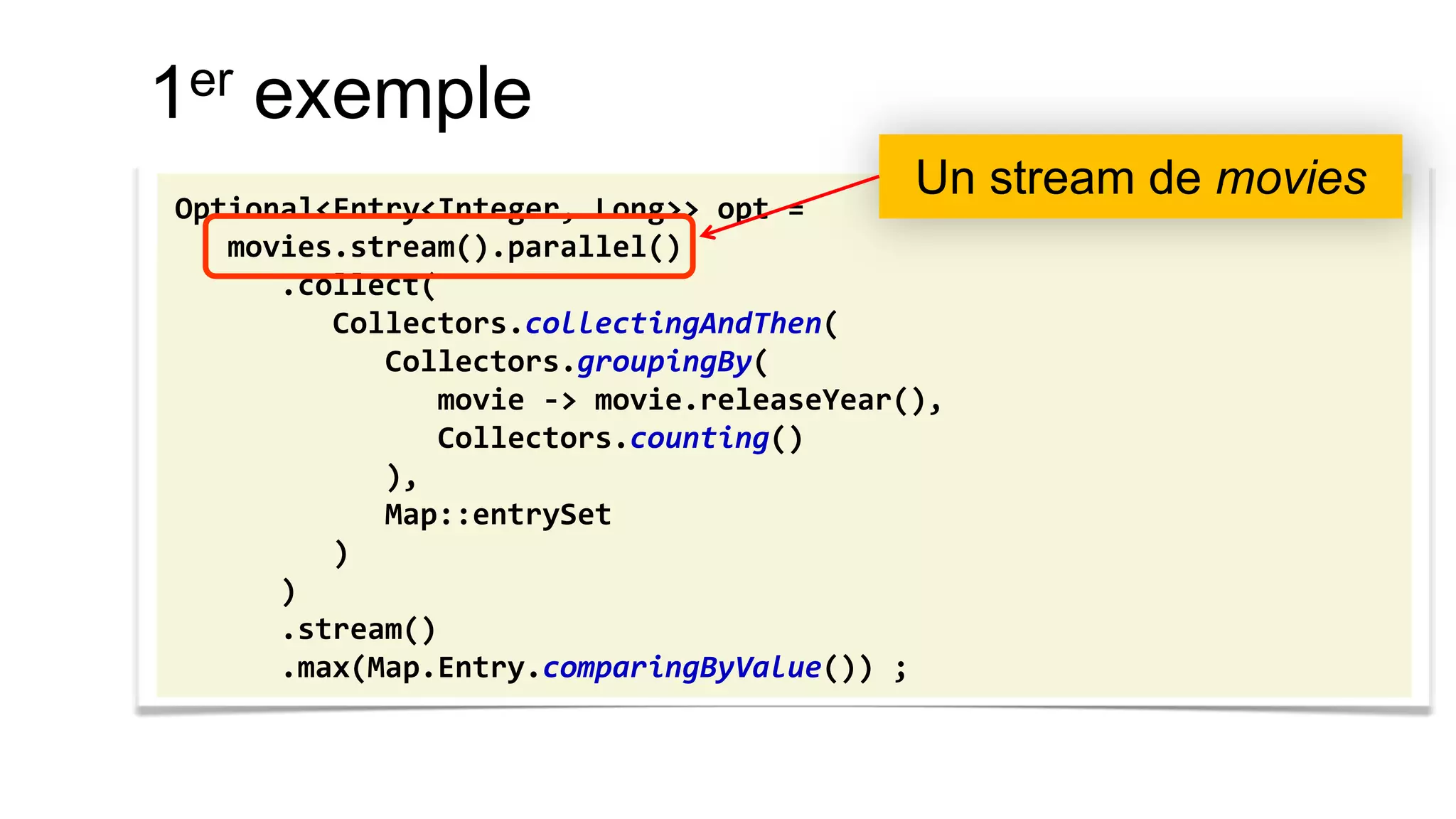 1er exemple 
Optional<Entry<Integer, Long>> opt = 
movies.stream().parallel() 
.collect( 
Collectors.collectingAndThen( 
Collectors.groupingBy( 
movie -> movie.releaseYear(), 
Collectors.counting() 
), 
Map::entrySet 
) 
) 
.stream() 
.max(Map.Entry.comparingByValue()) ; 
Un stream de movies  