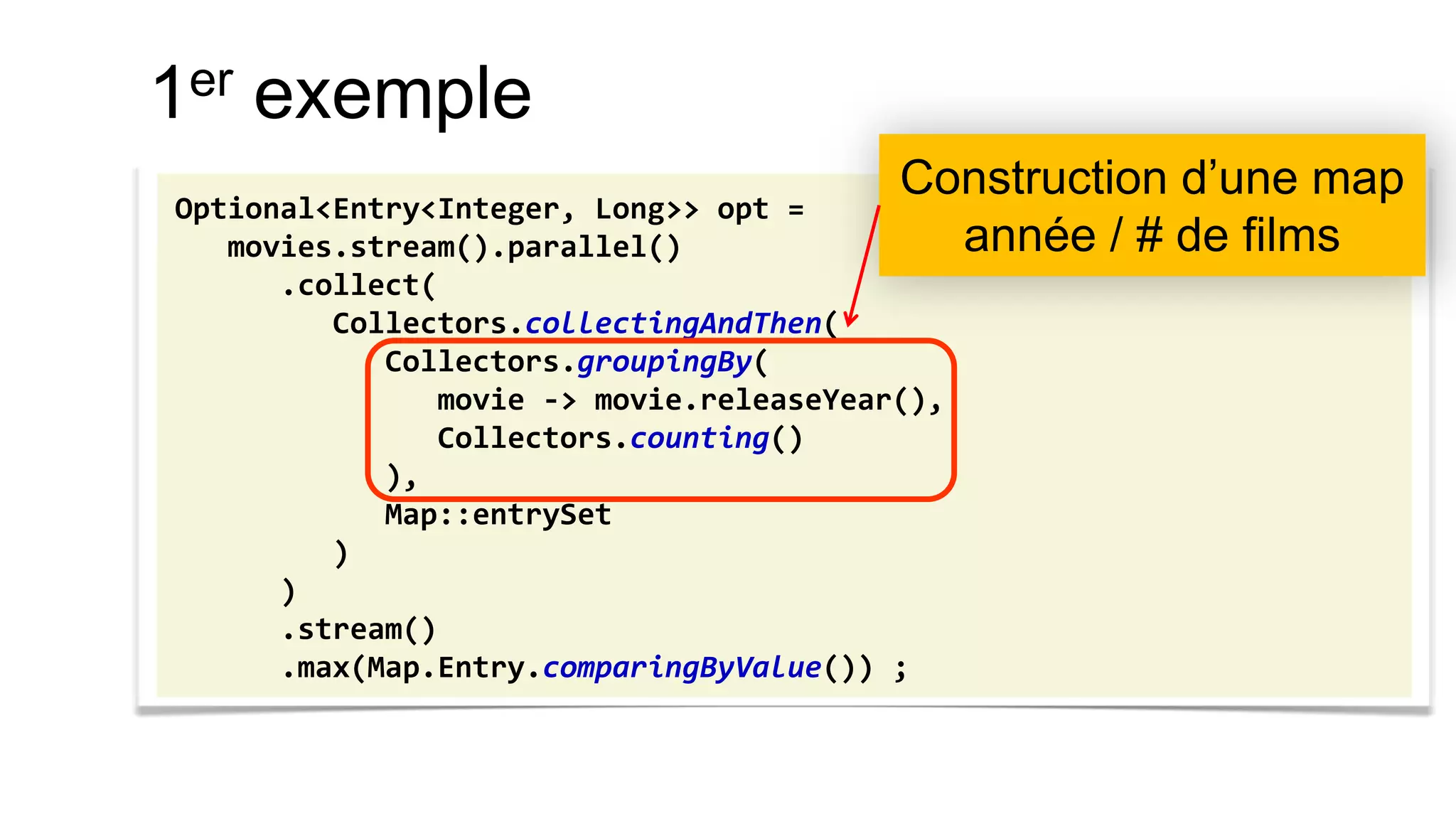 1er exemple 
Optional<Entry<Integer, Long>> opt = 
movies.stream().parallel() 
.collect( 
Collectors.collectingAndThen( 
Collectors.groupingBy( 
movie -> movie.releaseYear(), 
Collectors.counting() 
), 
Map::entrySet 
) 
) 
.stream() 
.max(Map.Entry.comparingByValue()) ; 
Construction d’une map année / # de films  