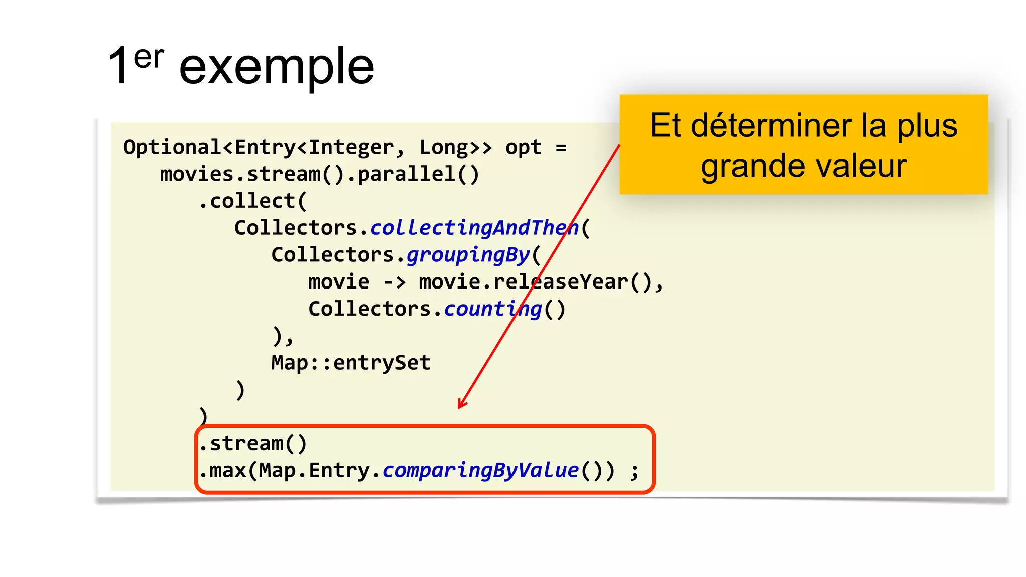 1er exemple 
Optional<Entry<Integer, Long>> opt = 
movies.stream().parallel() 
.collect( 
Collectors.collectingAndThen( 
Collectors.groupingBy( 
movie -> movie.releaseYear(), 
Collectors.counting() 
), 
Map::entrySet 
) 
) 
.stream() 
.max(Map.Entry.comparingByValue()) ; 
Et déterminer la plus grande valeur  