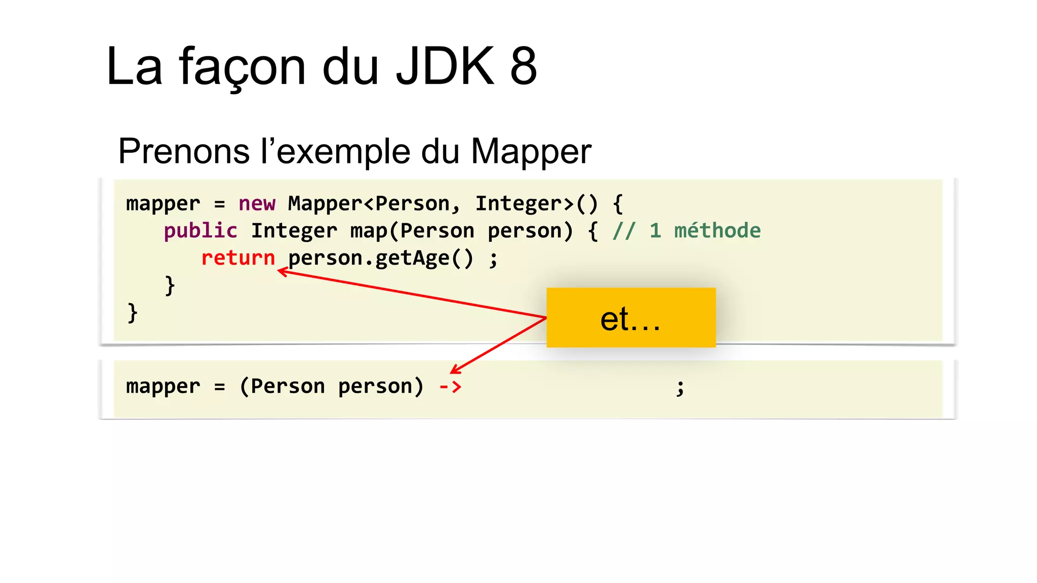 mapper = new Mapper<Person, Integer>() { public Integer map(Person person) { // 1 méthode return person.getAge() ; } } 
mapper = (Person person) -> ; 
et… 
La façon du JDK 8 
Prenons l’exemple du Mapper 
 