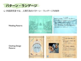 パターン・ランゲージ
井庭研究室では、人間行為のパターン・ランゲージを制作

Wedding Patterns

Clothing Design
Patterns

 