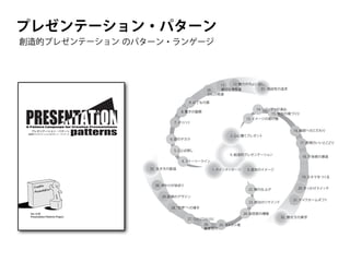プレゼンテーション・パターン
創造的プレゼンテーション のパターン・ランゲージ

12. 魅力のちょい足し
11.
31. 独自性の追求
適切な情報量
10.
ぶんび両道
9. はてなの扉
14. リアリティの演出
15. 参加の場づく
り
13. イメージの架け橋

8. 驚きの展開
7. メリハリ
A Pattern Language for Creative Presentations

16. 細部へのこだわり

プレゼンテーション・パターン

創造的プレゼンテーションのパターン・ランゲージ

2. 心に響く
プレゼント

6. 図のチカラ

17. 表現のいいとこどり

5. ことば探し

0. 創造的プレゼンテーション

4. ストーリーライン
33. 生き方の創造

1. メインメッセージ

18. 不快感の撲滅

3. 成功のイメージ
19. スキマをつく
る

30. 終わりが始まり

22. 場の仕上げ

29. 即興のデザイン
23. 成功のリマインド

20. きっかけスイッチ
21. テイクホームギフト

28. 世界 への導き
Ver. 0.50
Presentation Patterns Project

24. 自信感の構築
27. ひとりひとりに
26.
25. キャスト魂
最善努力

32. 魅せ方の美学

 