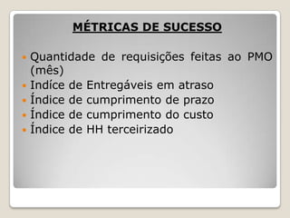 MÉTRICAS DE SUCESSO







Quantidade de requisições feitas ao PMO
(mês)
Indíce de Entregáveis em atraso
Índice de cumprimento de prazo
Índice de cumprimento do custo
Índice de HH terceirizado

 