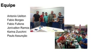 Equipe
Antonio Ueliton
Fabio Borges
Fabio Fullone
Jonivalton Ramos
Karina Zucchini
Paulo Assunção

 