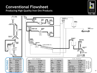 Conventional Flowsheet
Producing High Quality Iron Ore Products
TSX: BKI

Fe
SiO2
P
S
Al2O3
Mn
P80

68.0%
4.5%
0.02%
0.05%
0.43%
0.03%
32 µm

B.F. Pellets
Fe
SiO2
S
CaO/SiO2
SiO2+Al2 O3
CaO+MgO
Compress.

65.5%
4.5%
<0.01%
0.15%
5.1%
1.0%
318kg/pel

D.R. Concentrate
Fe
SiO2
P
S
Al2O3
Mn
P80

69.5%
1.3%
0.02%
0.05%
0.28%
0.03%
32 µm

D.R. Pellets
Fe
SiO2
S
CaO/SiO2
SiO2+Al2 O3
CaO+MgO
Compress.

67.4%
2.0%
<0.01%
0.34%
2.4%
1.2%
283g/pel

Value-Add
Alternative
Products

Core Product

B.F. Concentrate

14

 