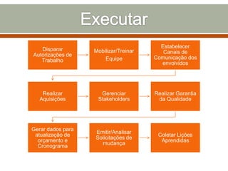 Disparar
Autorizações de
Trabalho

Mobilizar/Treinar
Equipe

Estabelecer
Canais de
Comunicação dos
envolvidos

Realizar
Aquisições

Gerenciar
Stakeholders

Realizar Garantia
da Qualidade

Gerar dados para
atualização de
orçamento e
Cronograma

Emitir/Analisar
Solicitações de
mudança

Coletar Lições
Aprendidas

 