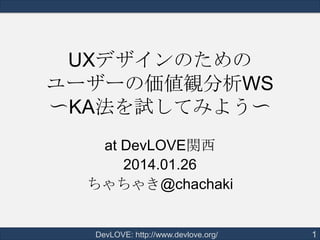 UXデザインのための
ユーザーの価値観分析WS
〜KA法を試してみよう〜
at DevLOVE関西
2014.01.26
ちゃちゃき@chachaki

DevLOVE: http://www.devlove.org/

1

 