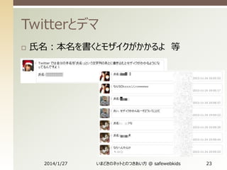 Twitterとデマ


氏名：本名を書くとモザイクがかかるよ 等

2014/1/27

いまどきのネットとのつきあい方 @ safewebkids

23

 