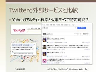 Twitterと外部サービスと比較


Yahooリアルタイム検索と火事マップで特定可能？

2014/1/27

いまどきのネットとのつきあい方 @ safewebkids

24

 